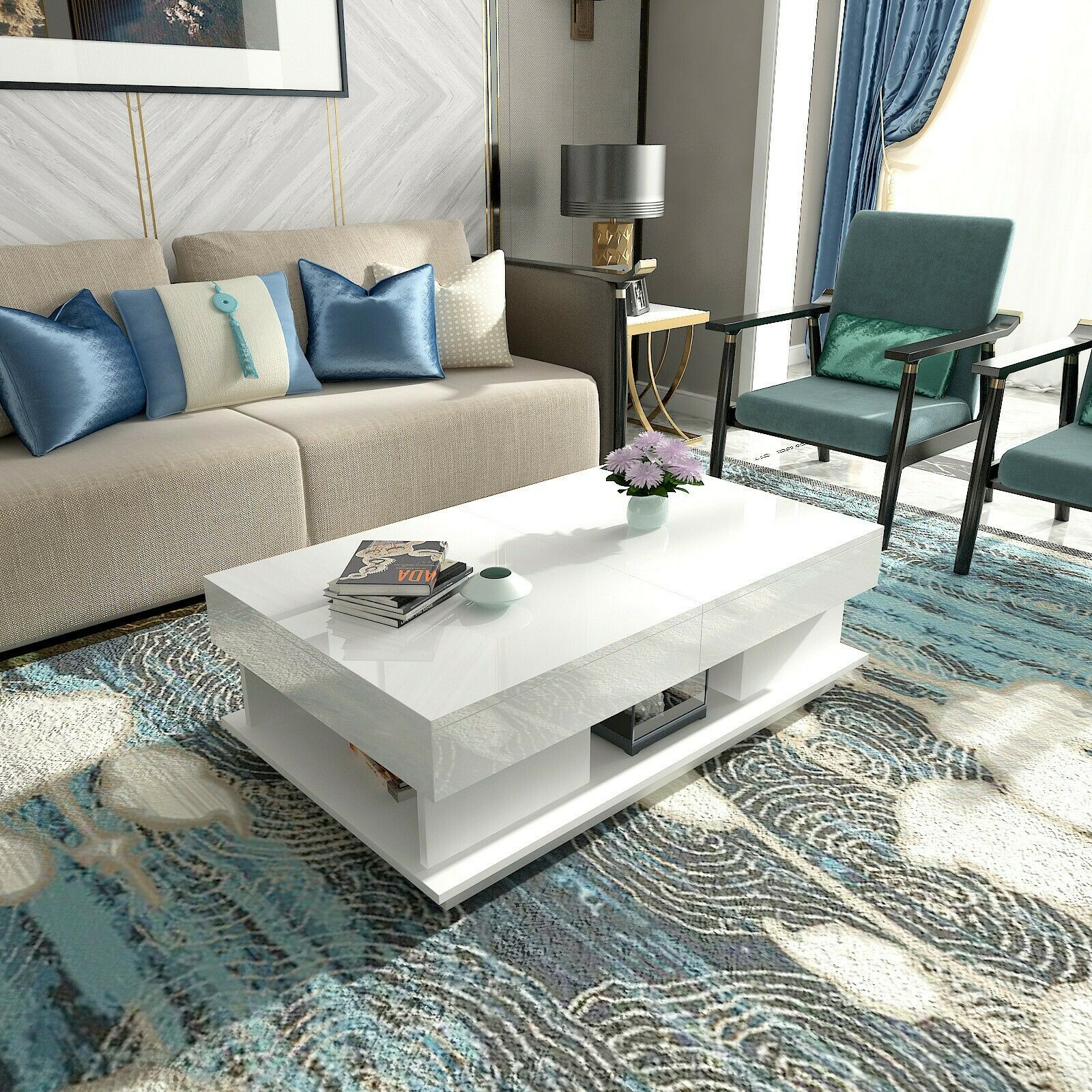 Modern High Gloss Coffee Tables End Side Table 2 Drawers Living Room White/Black