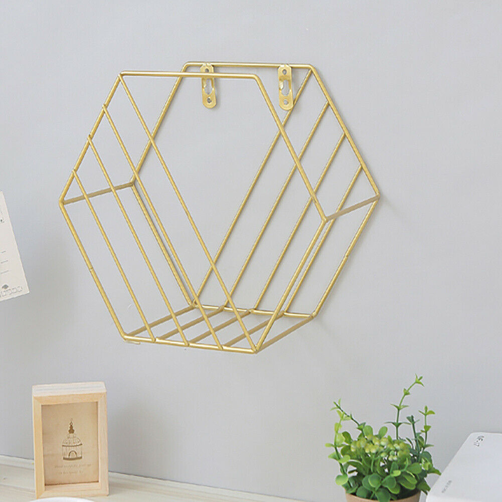 2x Hexagon Metal Wire Wall Shelf Home Decor Magazine Storage Floating Shelf Gold