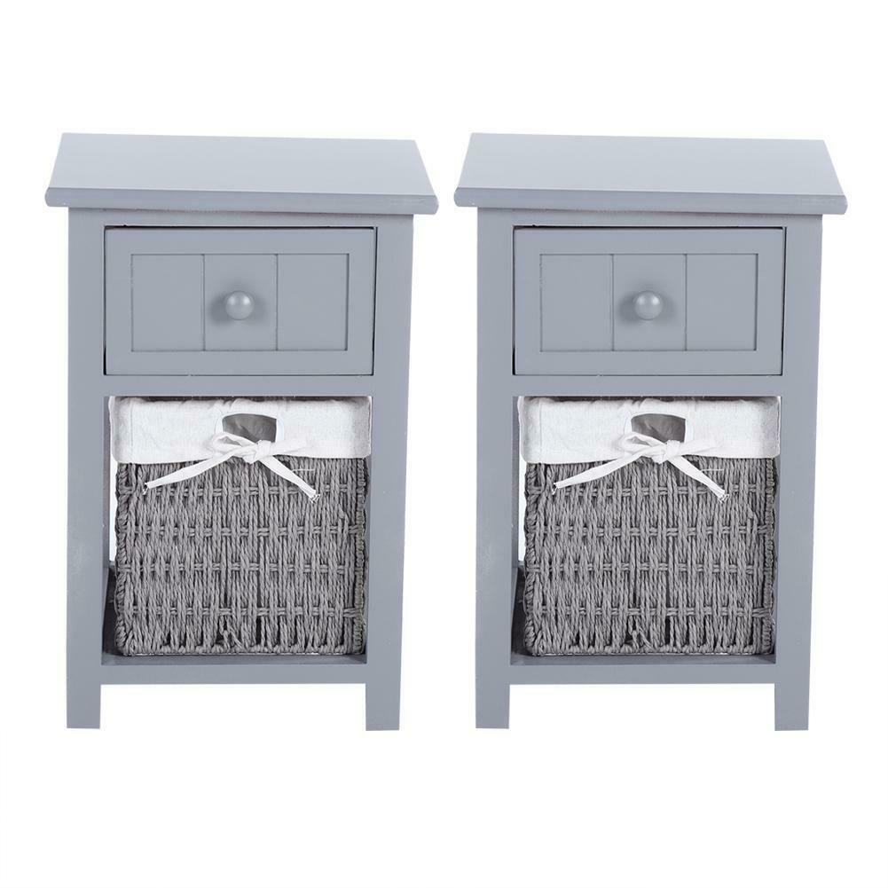 2 Pcs Wooden Bedside Table NightStand Cabinet Storage Drawer Wicker Basket Grey