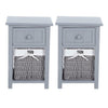 2 Pcs Wooden Bedside Table NightStand Cabinet Storage Drawer Wicker Basket Grey