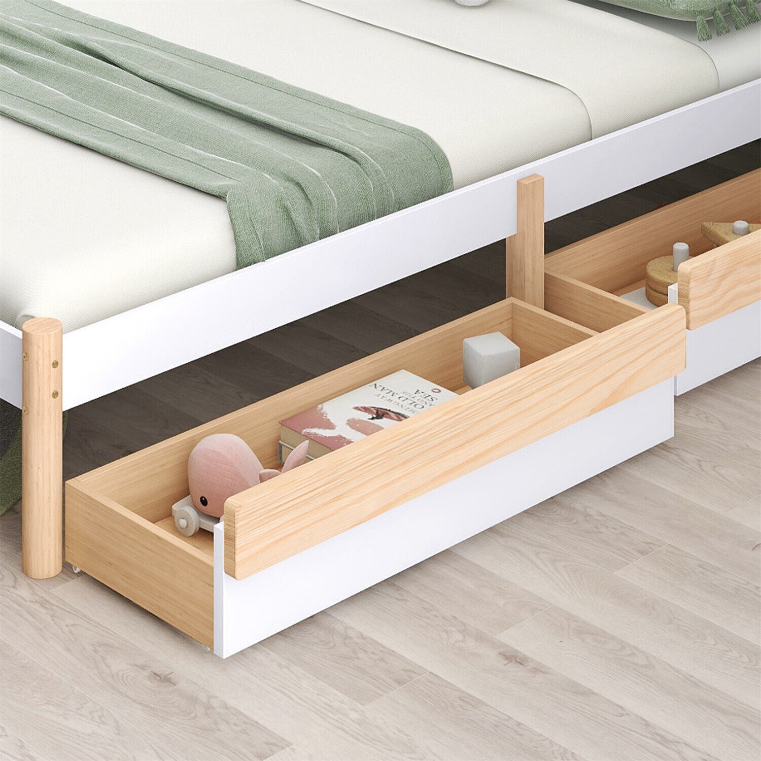 Wooden Bed Frame Storage Drawers 4ft6 Double Size Kids Bed with Cloud Headboard