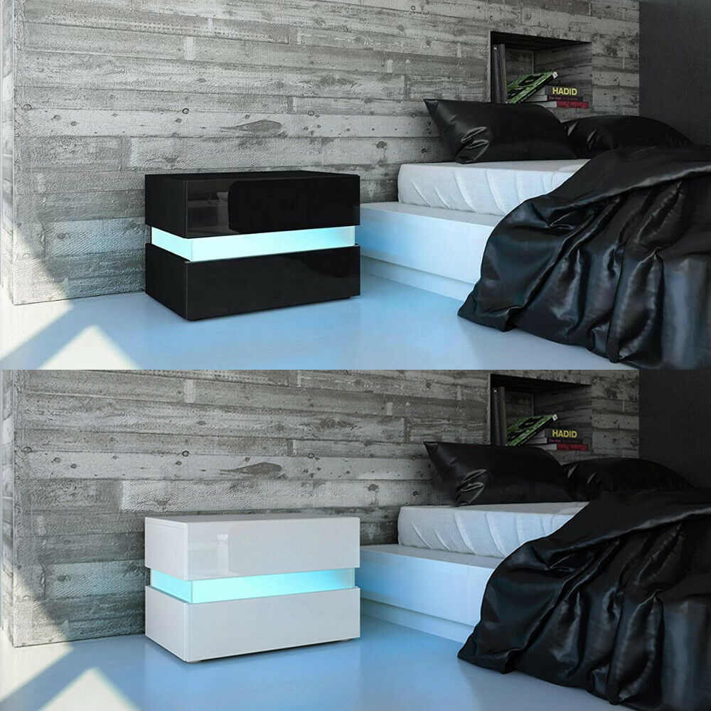 High Gloss Bedside Table Nightstand Chest Cabinet Unit with Drawers LED Lighting