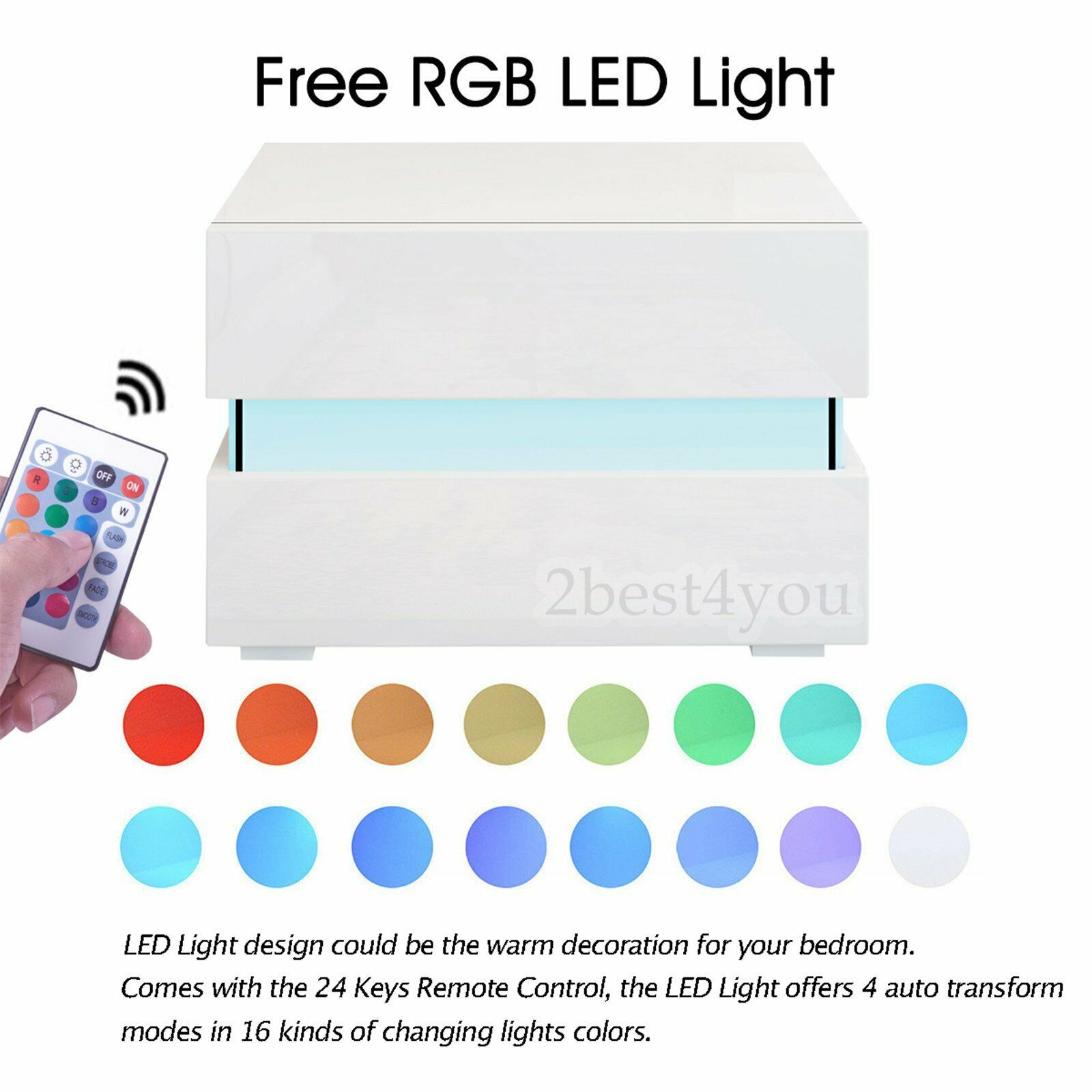 Modern LED Light High Gloss 2 or 3 Drawers Bedside Table Cabinet Nightstand Unit