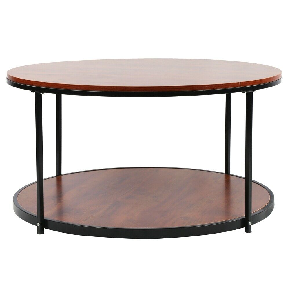 Industrial 2 Tier Round Coffee Tea Table Side End Living Room Storage Shelf Unit