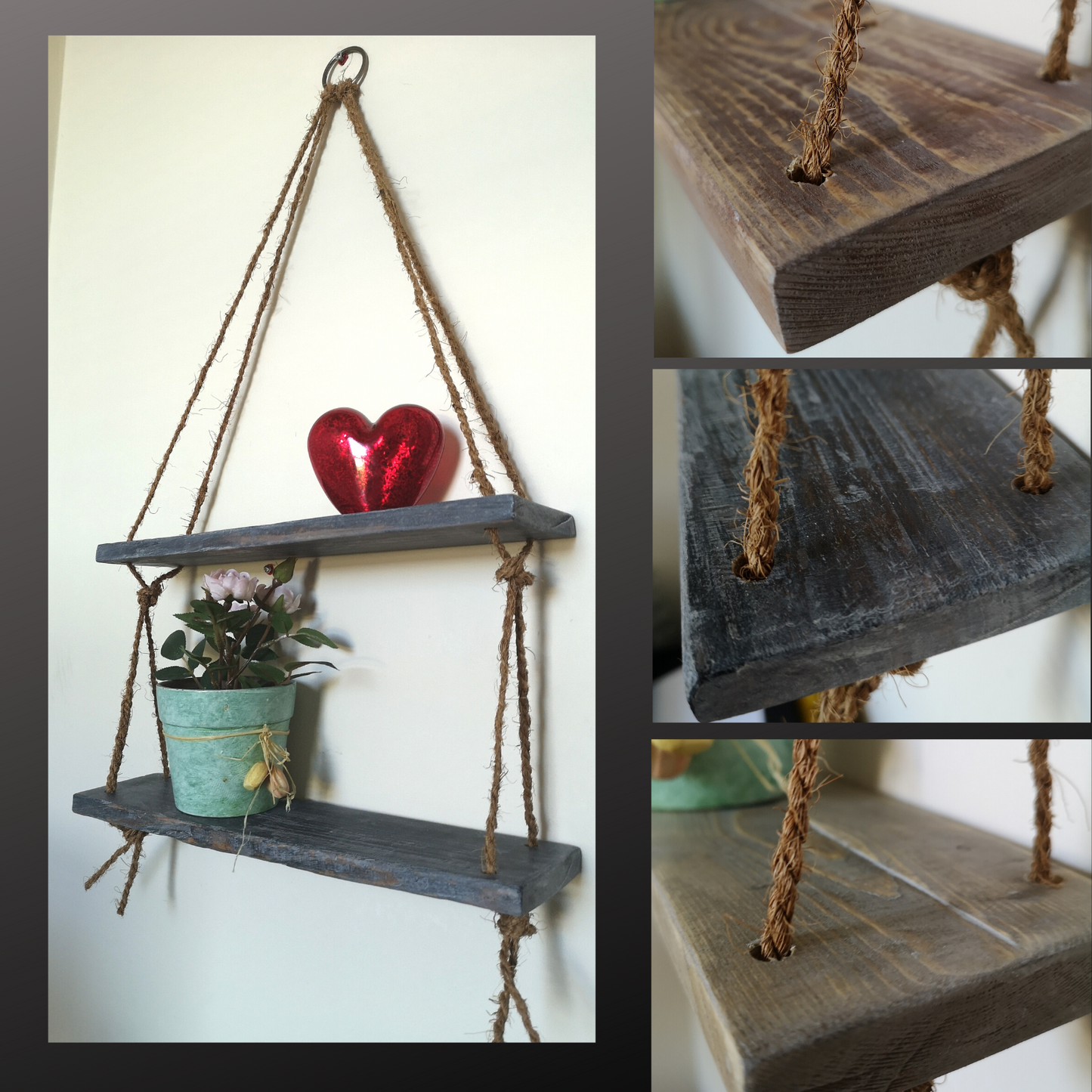Rustic Vintage Shelves Handmade Wooden Natural Wood Floating Hanging Rope Shelf