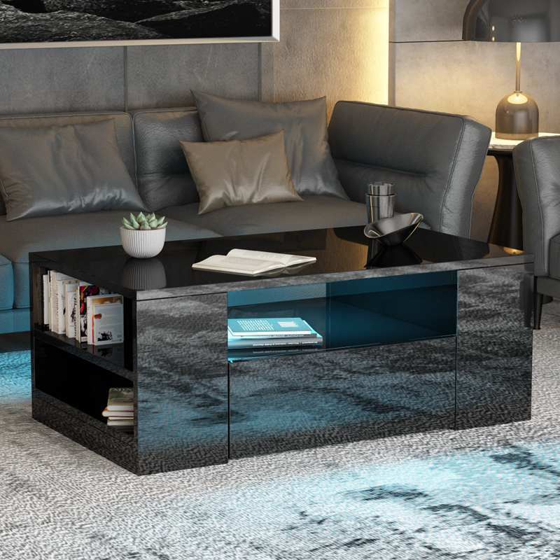Modern High Gloss Coffee Table With Storage Drawers RGB LED Living Room Wooden