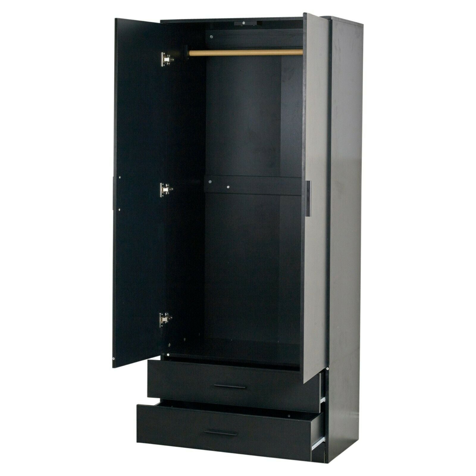Tall Wooden 2 Door Wardrobe With 2 Drawers Bedroom Storage Hanging Bar Clothes