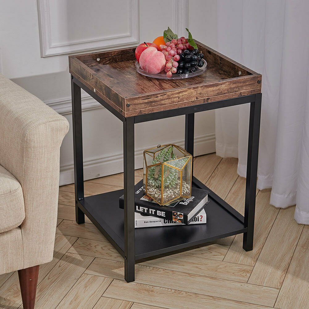 Industrial Square Table Shelf Breakfast Snacks Drinks Serving Tray Side Storage