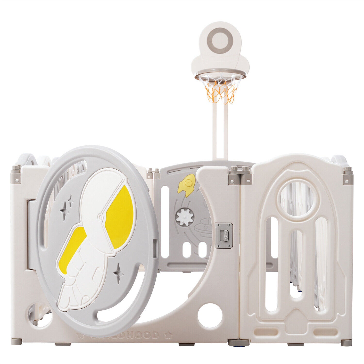 Foldable Baby Playpen with Activity Panel and Basketball Hoop 16 Panels Grey HT