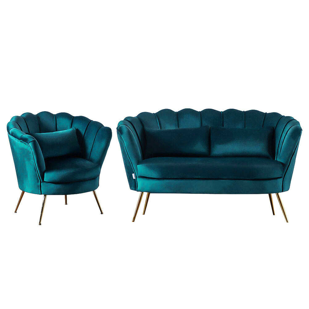 Emerald Green Velvet Sofa Seater+Armchair Scallop Shell Tub