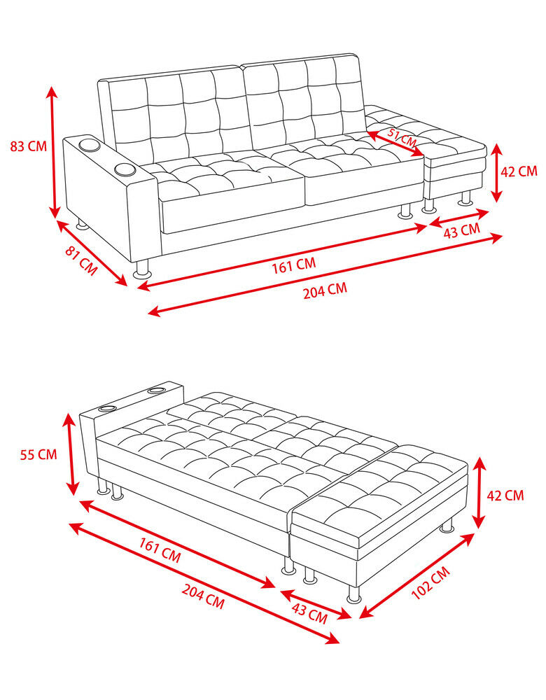 3 Seater L-Shaped Black Faux Leather Sofa Bed w Ottoman & Cup Holder Recliner