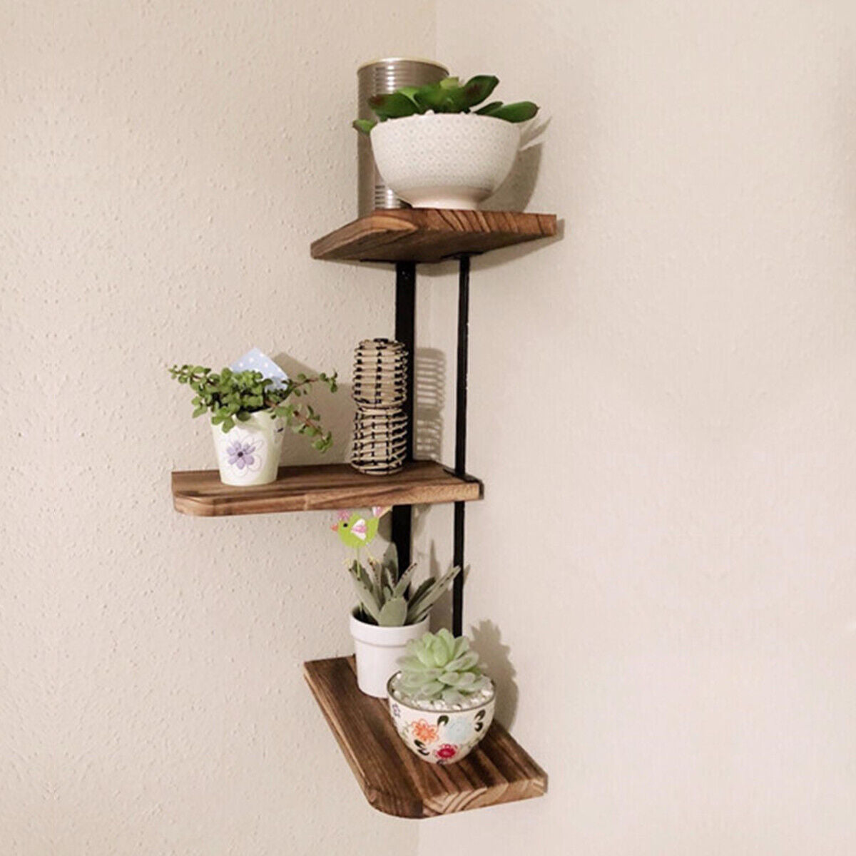 3 Tiers Rustic Wood Corner Shelf Home Display Storage Rack Wall Floating Shelf