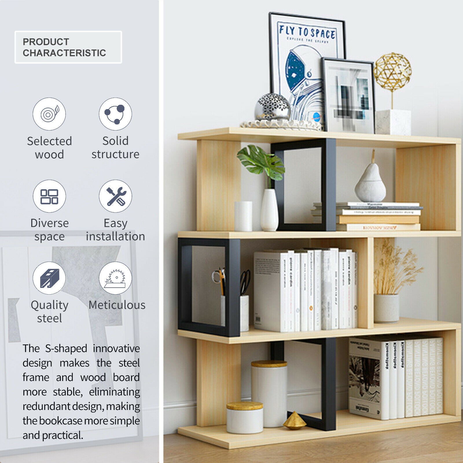 3 Tier Wood Modern S-Shaped Bookcase Storage Shelf Display Unit Lounge Bookshelf