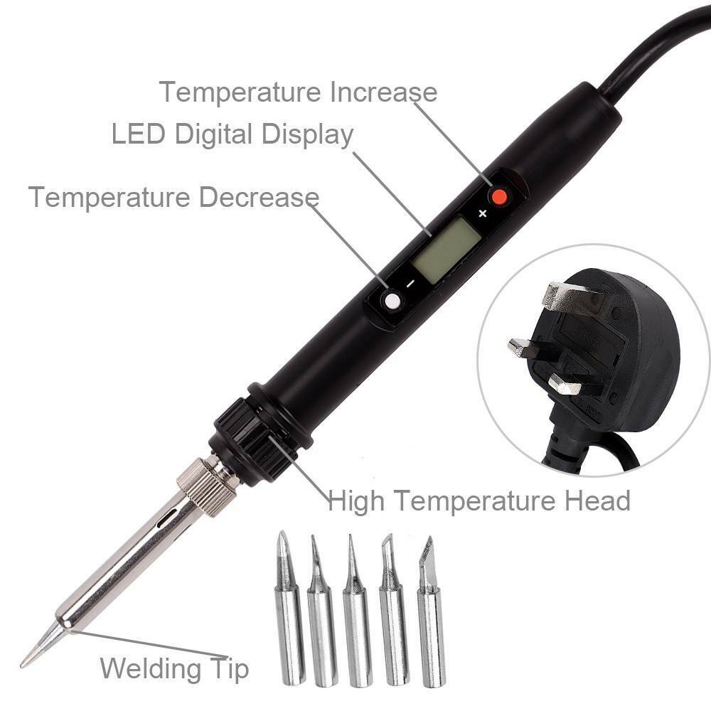 80W LCD Digital Adjustable Temperature Electronics Soldering Welding Iron Kit UK