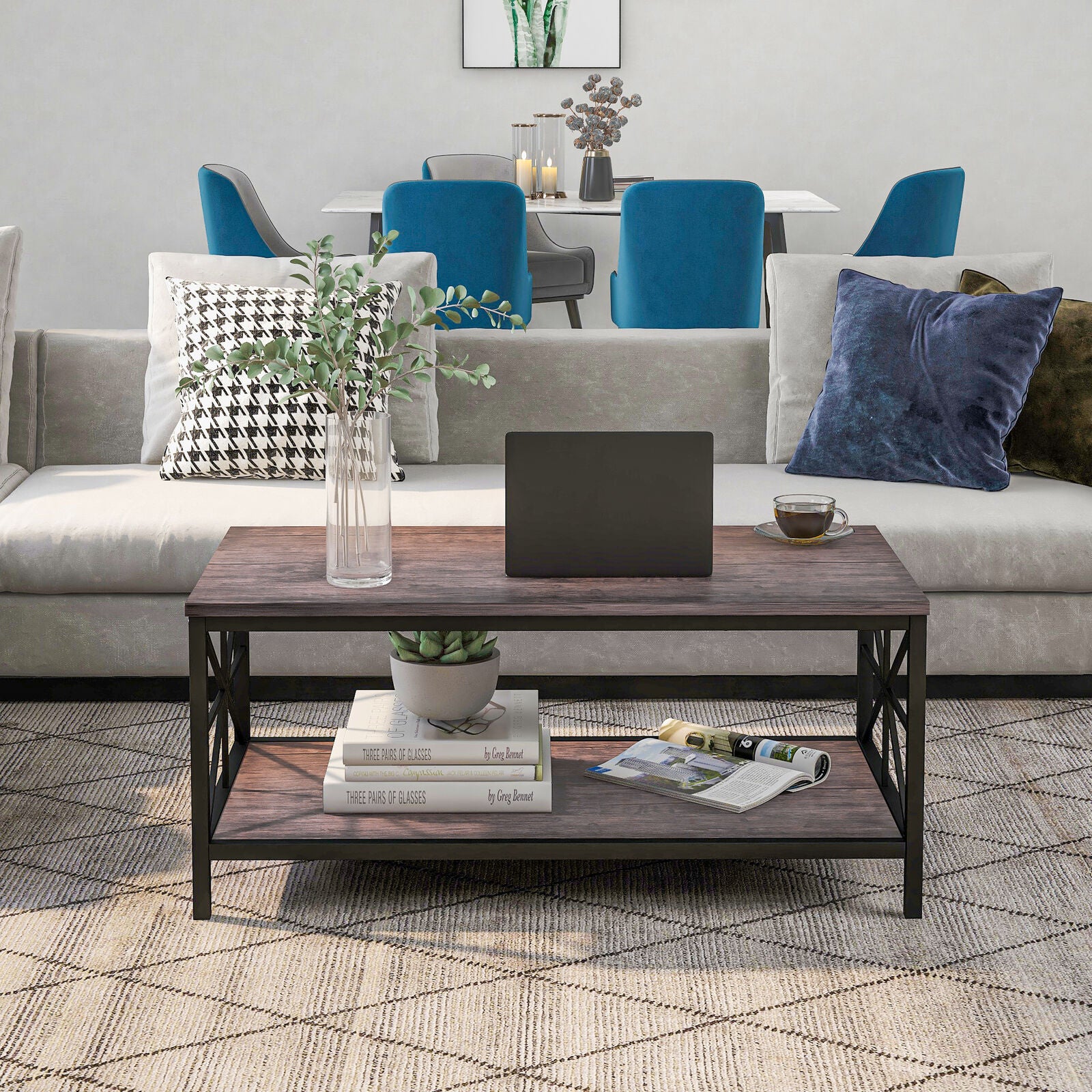 Coffee Table Industrial Tea Table with Storage Shelf Living Room Furniture Side