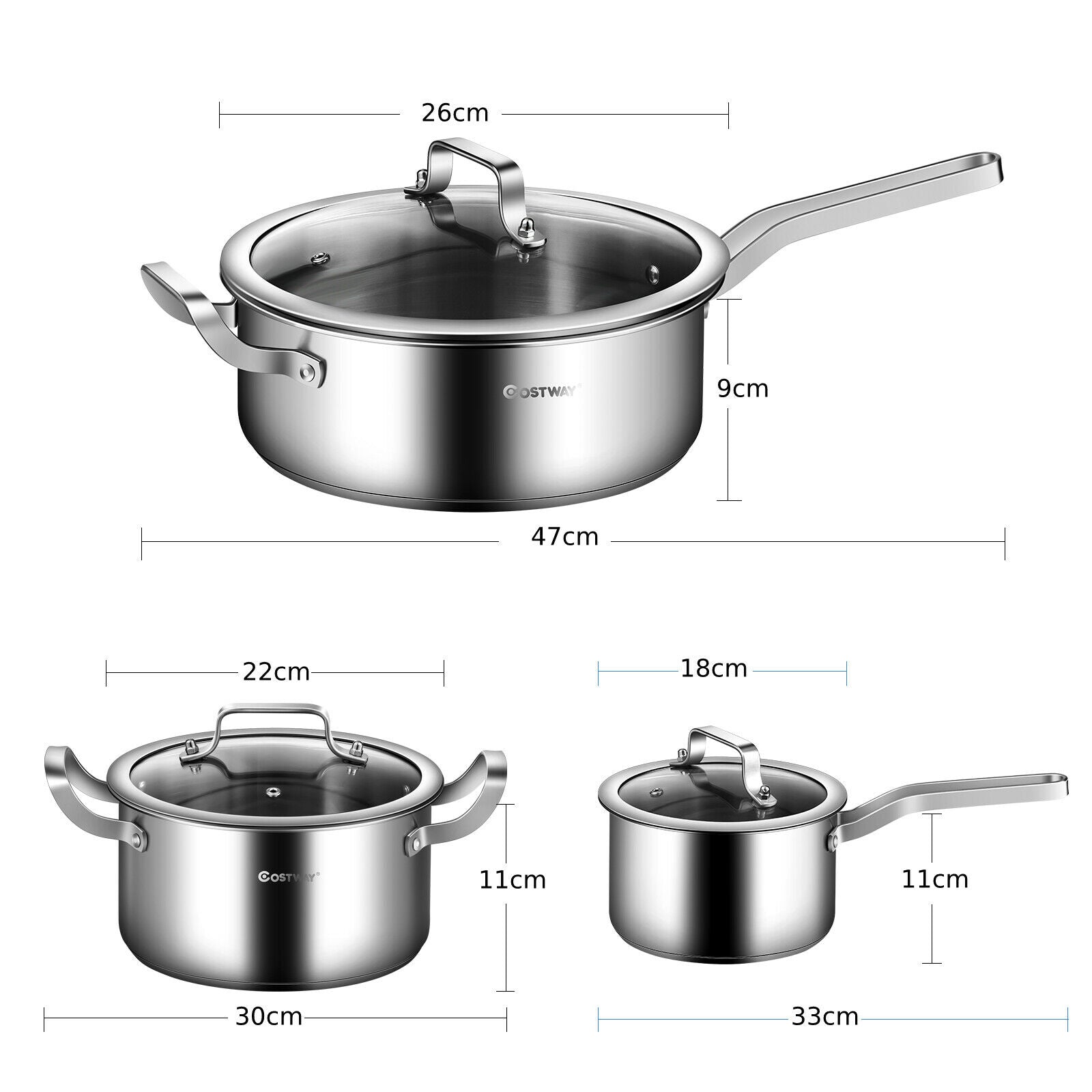 3 Piece Stainless Steel Pot Kitchen Cookware Set W/ Frying Pan Stockpot Milk Pot