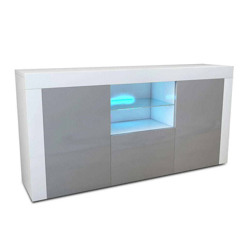 Modern High Gloss Doors TV Unit Cabinet Stand Sideboard Cupboard RGB LED Grey