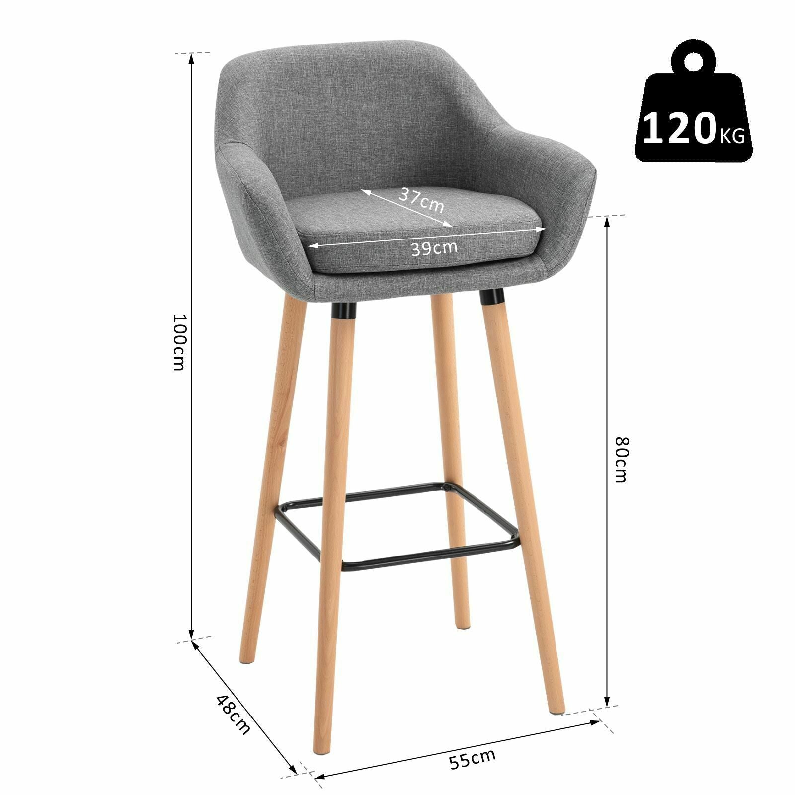 2 PCs Modern Upholstered Fabric Bucket Seat Bar Stools w/ Wood Legs Grey