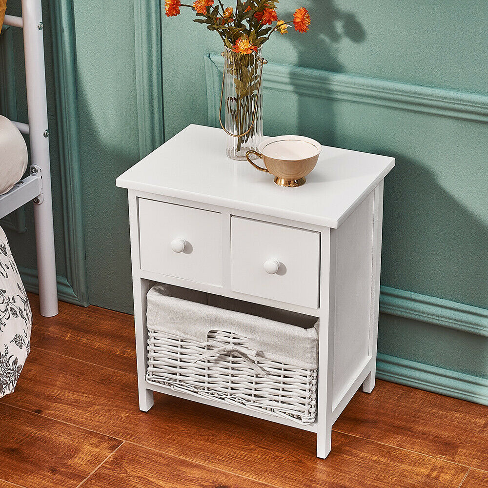 Bedside Table Unit Cabinet Wicker Basket Nightstand 3 Drawer Storage Bathroom