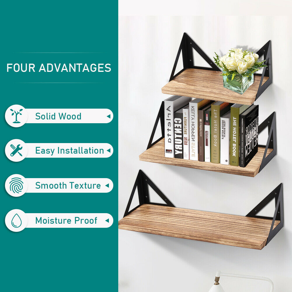 SOLID WOODEN STORAGE SHELF UNIT FLOATING WALL MOUNTED SHELVING 3 TIER BOOKSHELF