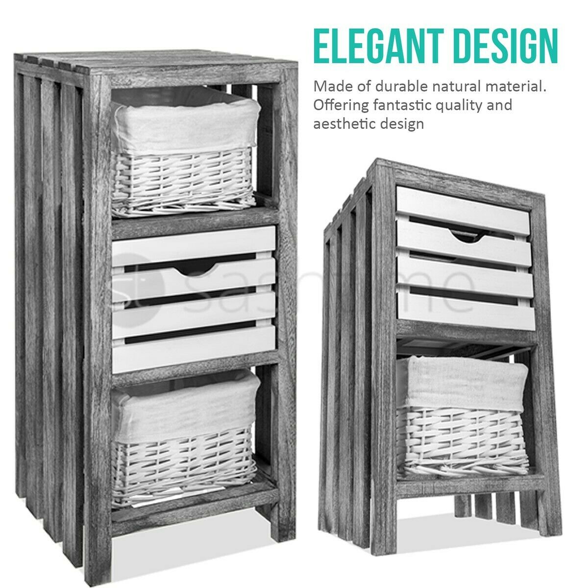 Bedside Table Unit Cabinet Wicker Basket Nightstand Drawer Storage Bathroom New