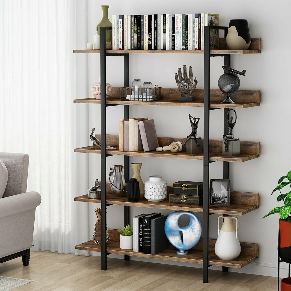 Living Room Industrial 5 Tier Bookshelf Office Etagere Bookcase with Back Fence