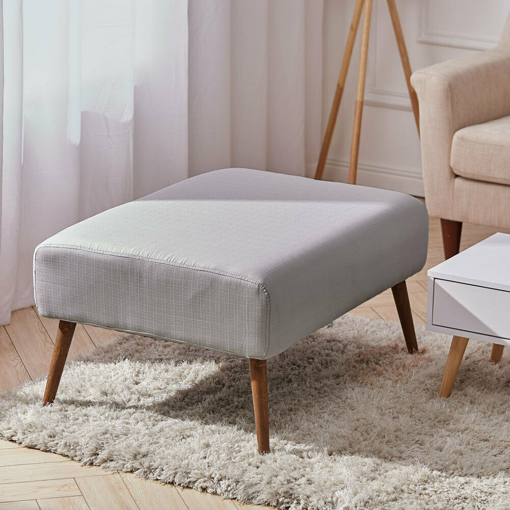 Large Bench Stool Linen Upholstered Wooden Leg Footstool Coffee Table Pouffe