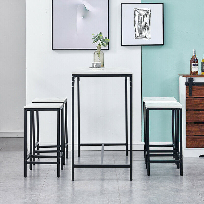 Bar Table and 4 Stools Set Breakfast Dining Table White Marble Effect Kitchen BN