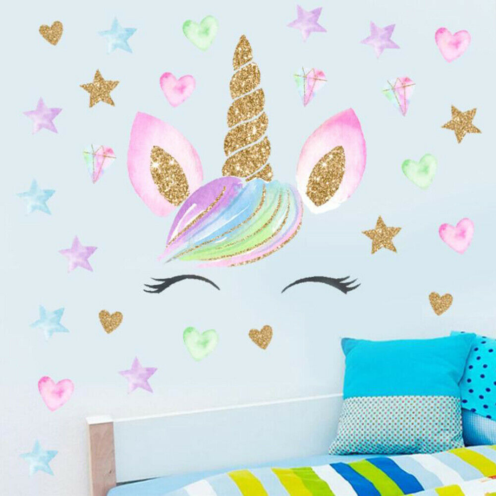 HIGH QUALITY UNICORN HEAD Wall Stickers Rainbow Decor Cute Pink Nursery Kid Room