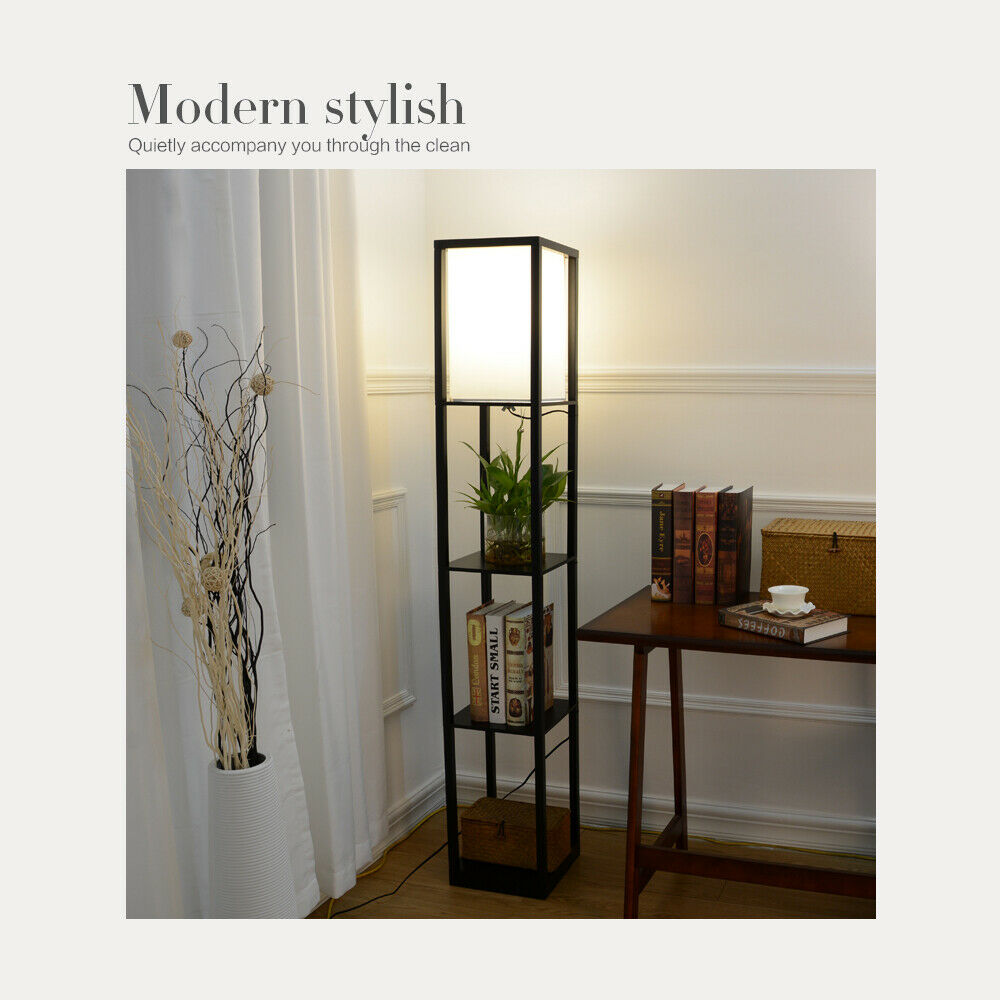 3-Tier Shelf Floor Lamp w/Shade Standing Light Open Shelves Storage Living Room
