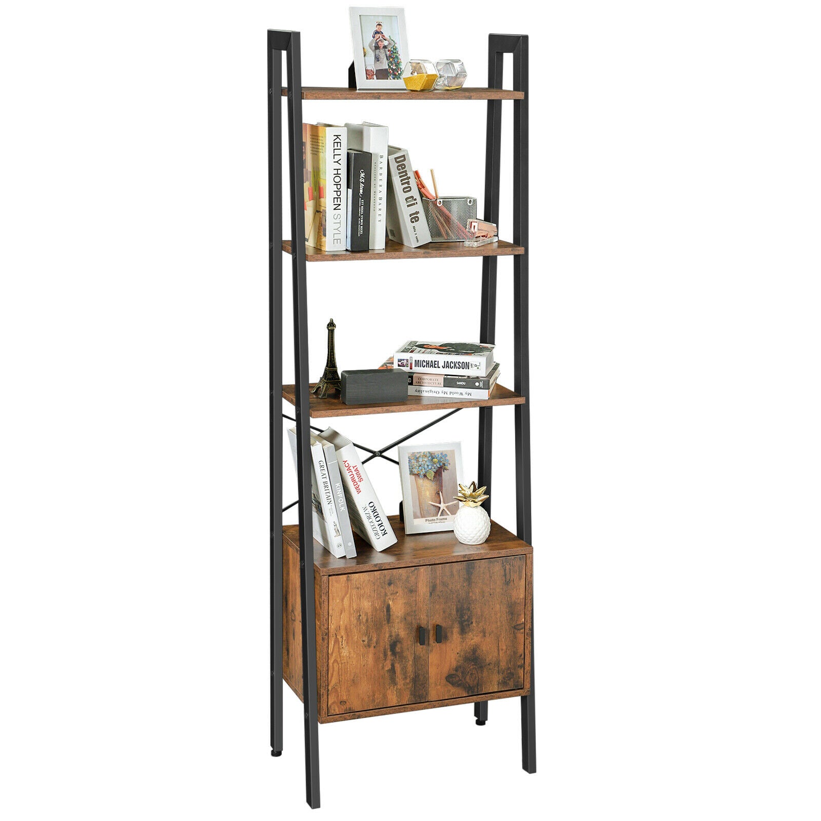 Ladder Shelf Bookshelf Rack Stand with Cupboard 4Shelves Storage Display