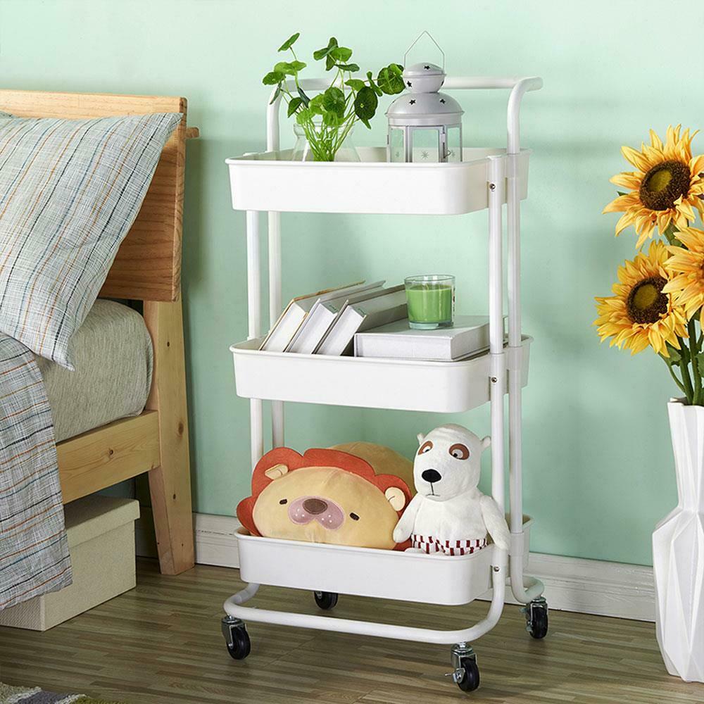 3 Tiers Rolling Cart Storage Trolley on Wheels Compact Kitchen Trolley