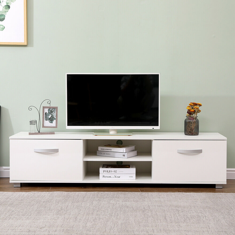 TV Cabinet with 2 High Gloss Doors&2 Shelves Matt Body, White/Black