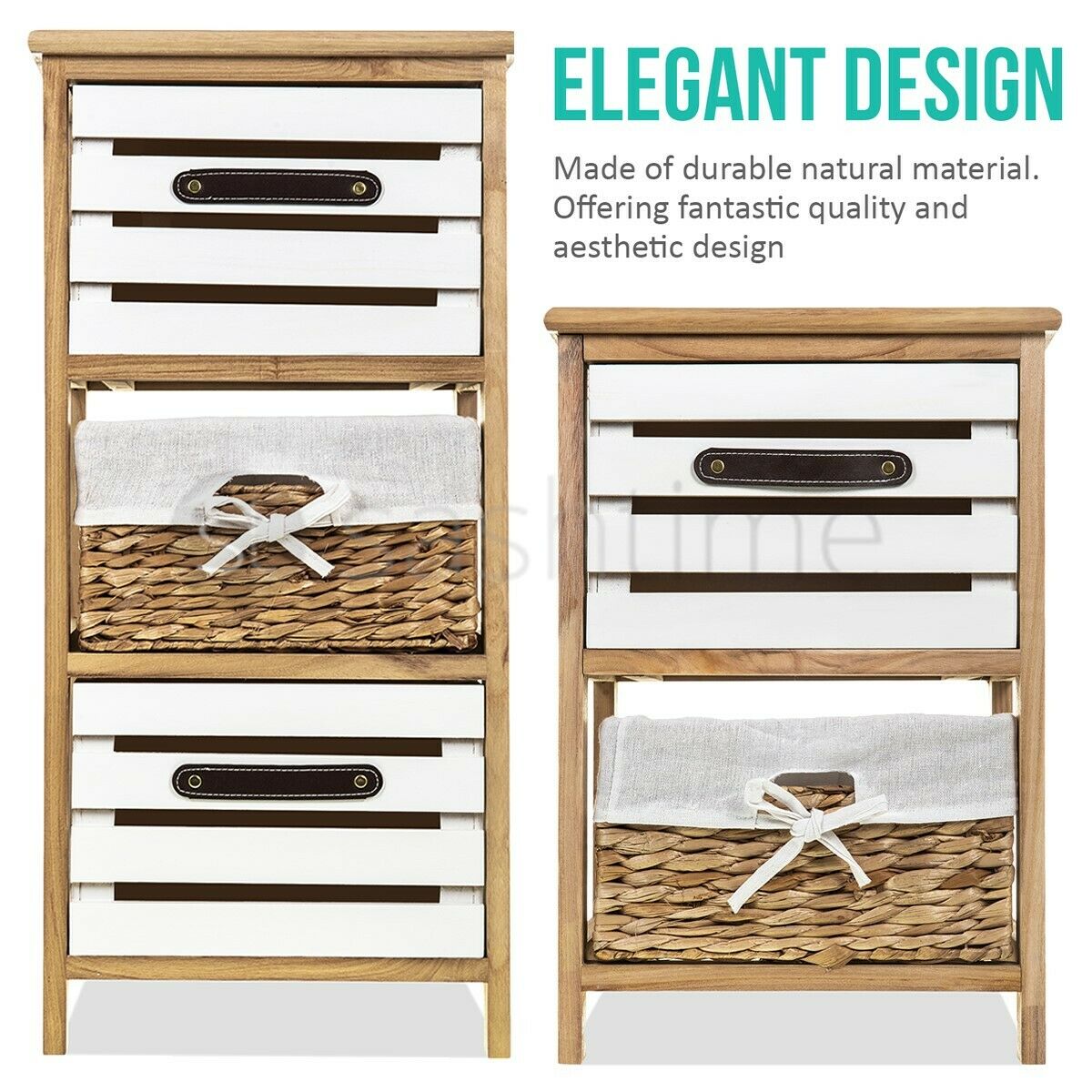 Bedside Table Unit Cabinet Wicker Basket 2/3 Drawer Nightstand Storage Bathroom