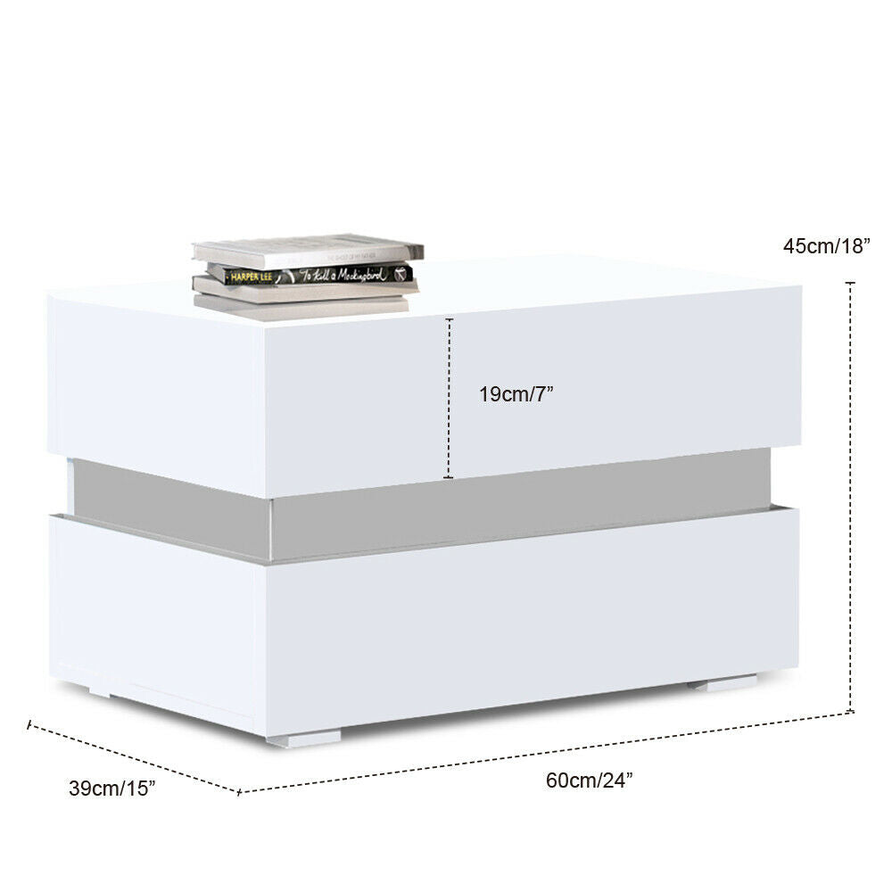 2x White High Gloss Chest of 2 Drawers Bedside Table Cabinets Nightstand RGB LED
