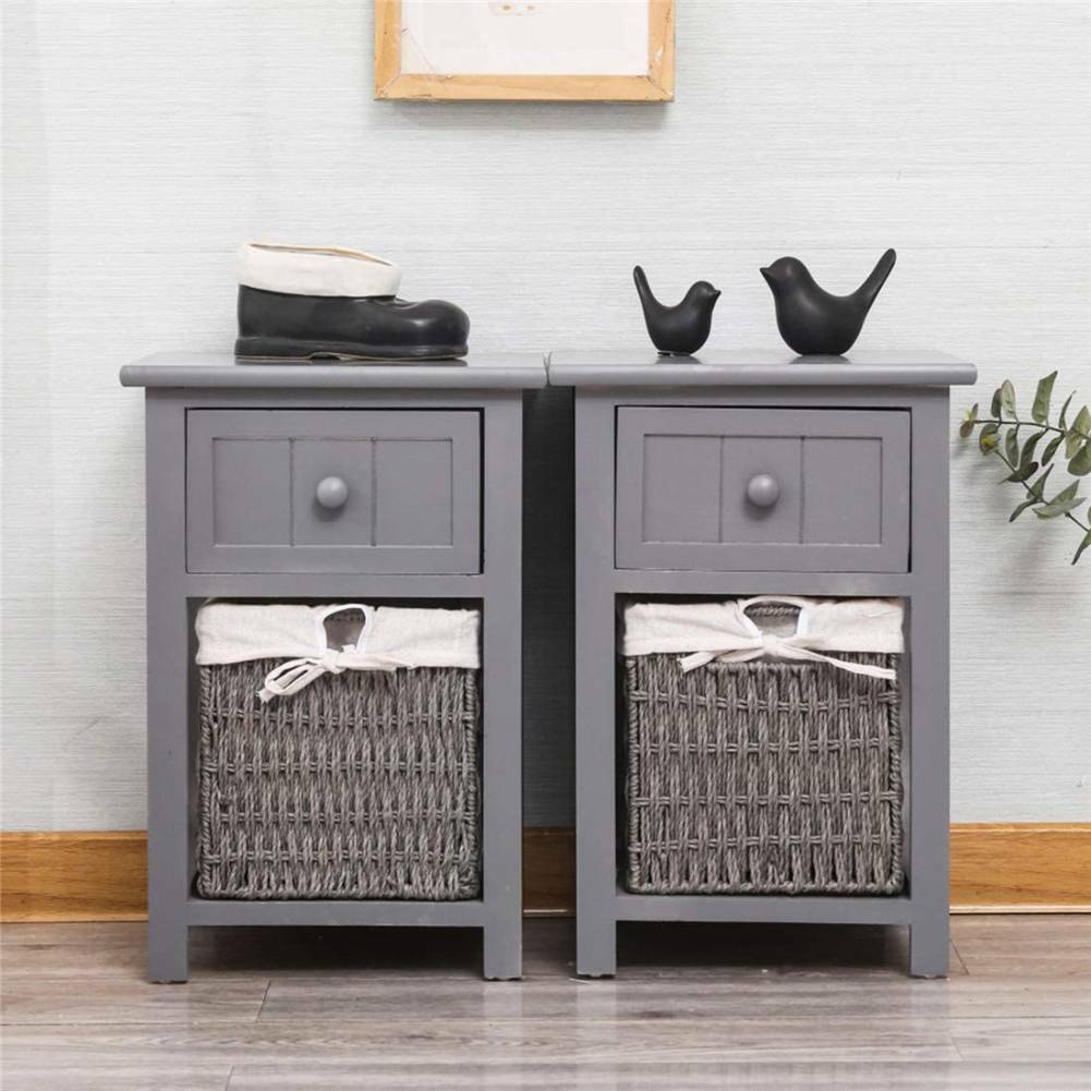 2 Pcs Wooden Bedside Table NightStand Cabinet Storage Drawer Wicker Basket Grey