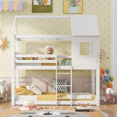 3FT Single Bunk Bed Treehouse Wooden Frame Kids Sleeper Pine House Canopy HT
