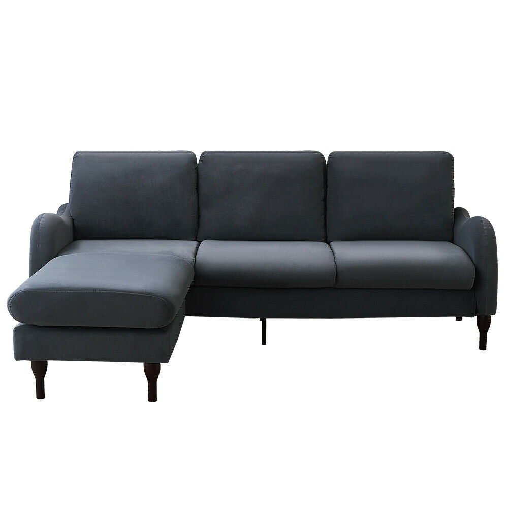 3 Seater L-Shaped Grey Velvet, Linen Fabric Corner Sofa Settee with Footstool UK
