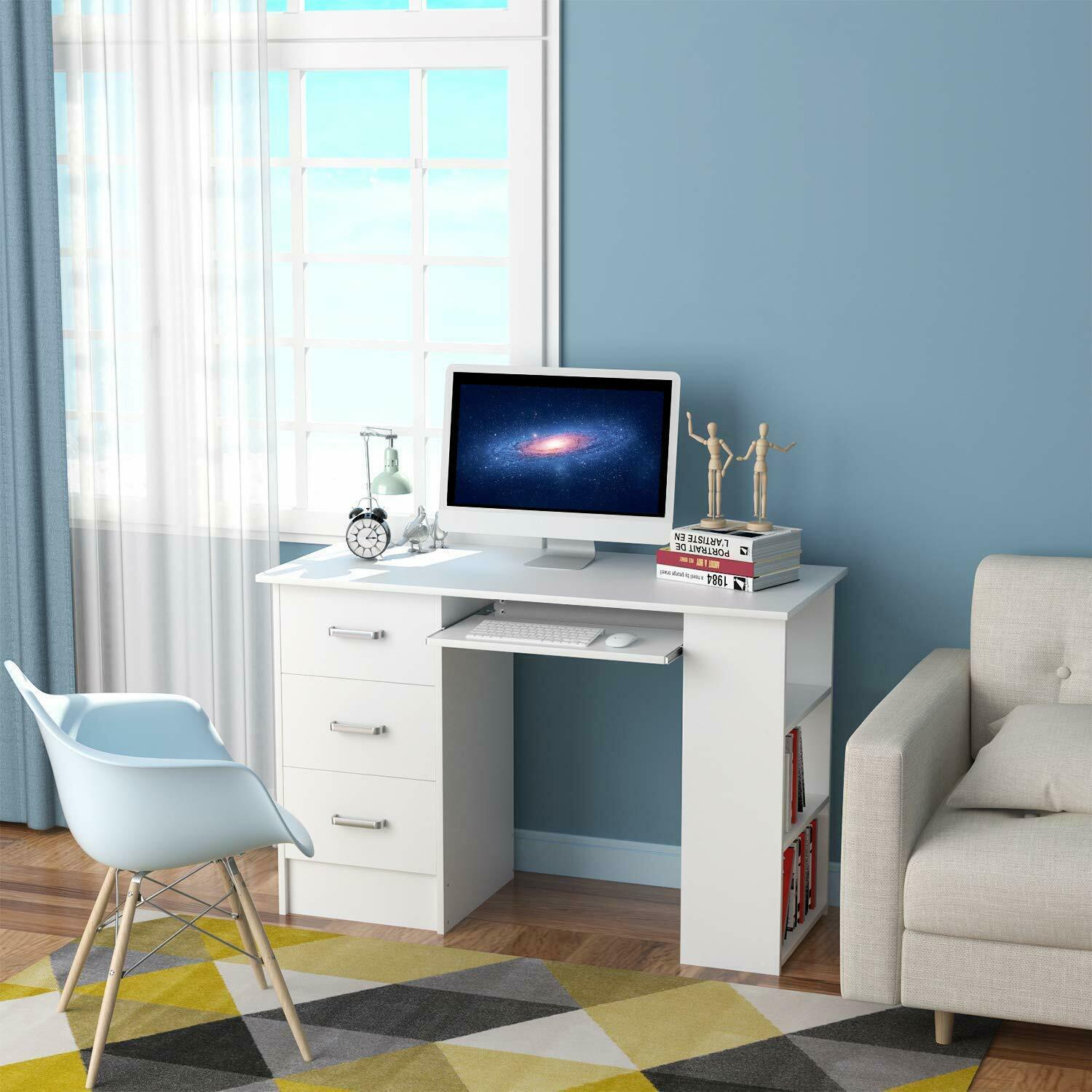 Computer Desk 3 Drawers & Shelves White Corner PC Workstation Office Table