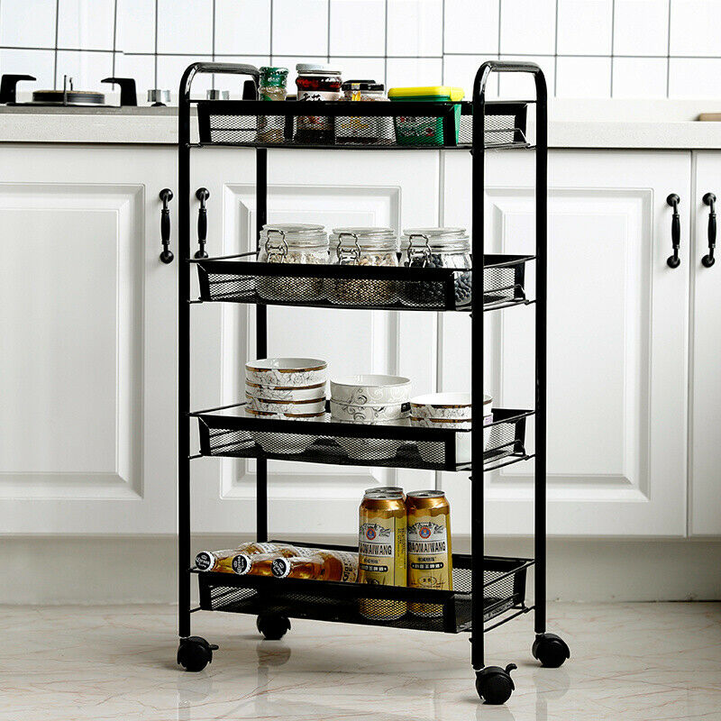 3/4 Tier Rolling Cart Kitchen Bathroom Storage Trolley Rack Metal Mesh Shelf