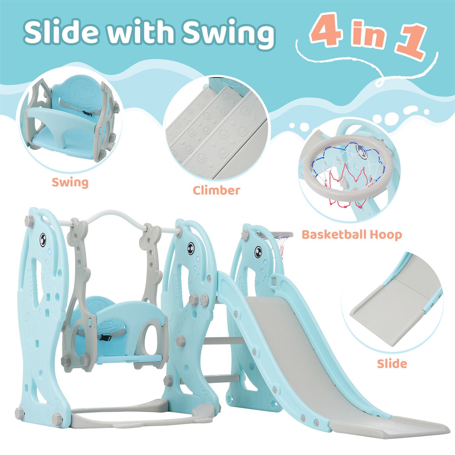 4 in 1 Kids Toddlers Swing & Slide Climber Set w/ Basketball Hoop In/Outdoor HT