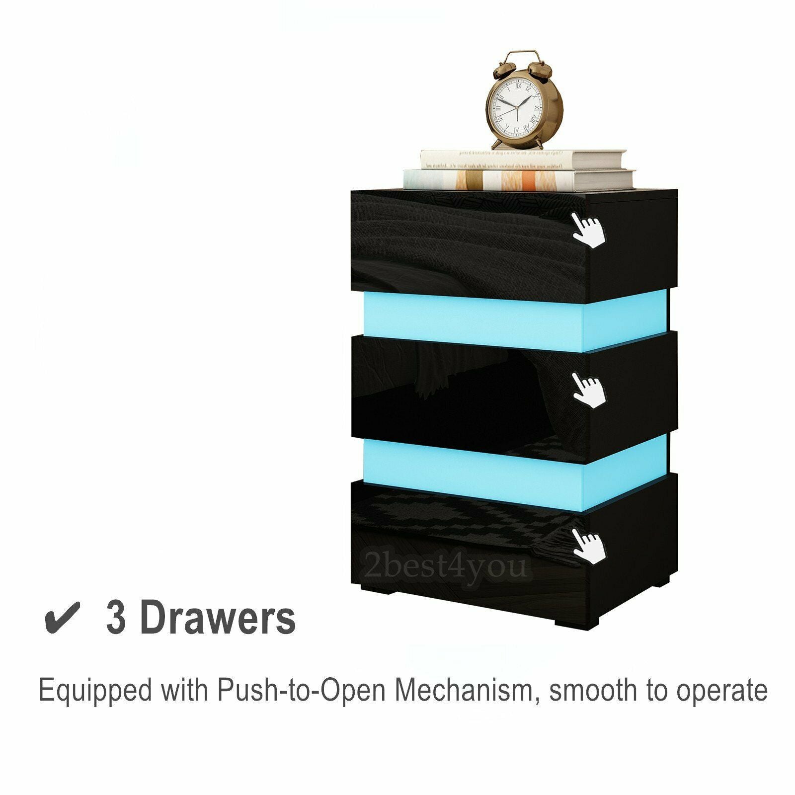 Modern LED Light High Gloss 2 or 3 Drawers Bedside Table Cabinet Nightstand Unit