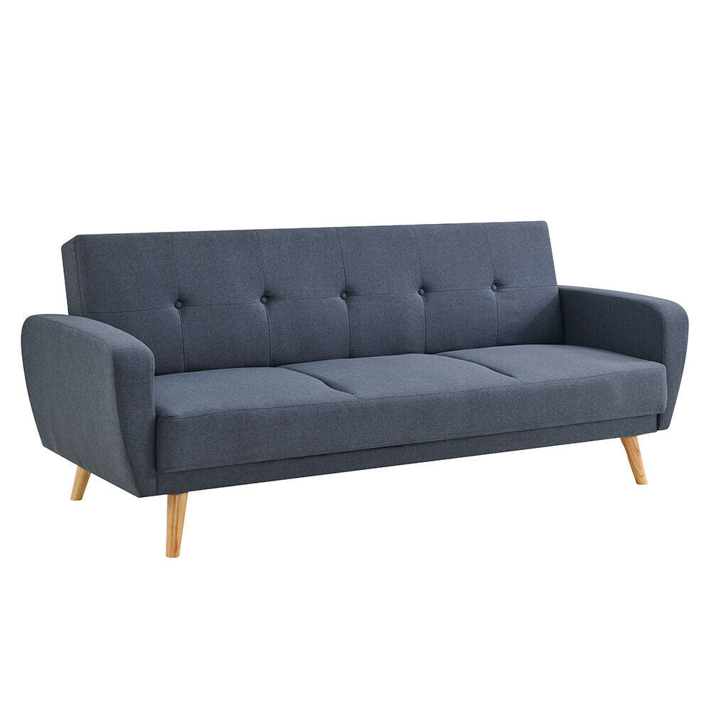 3 Seater Sofa Bed Charcoal Fabric Wooden Legs Cushioned Comfortable Sofabed