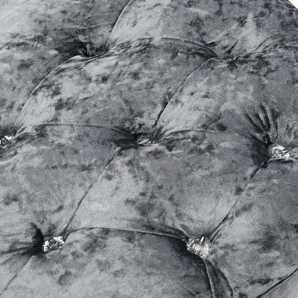 Silver Grey Crushed Velvet Pouffe Stool Diamante Round Ottoman Footrest Seat