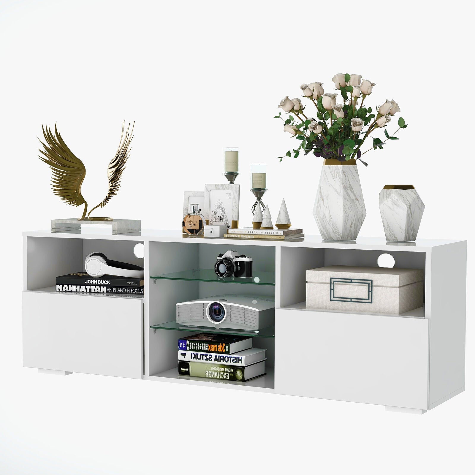 White Modern TV Stand Sideboard Cabinet Matt Body High Gloss Doors LED Lights