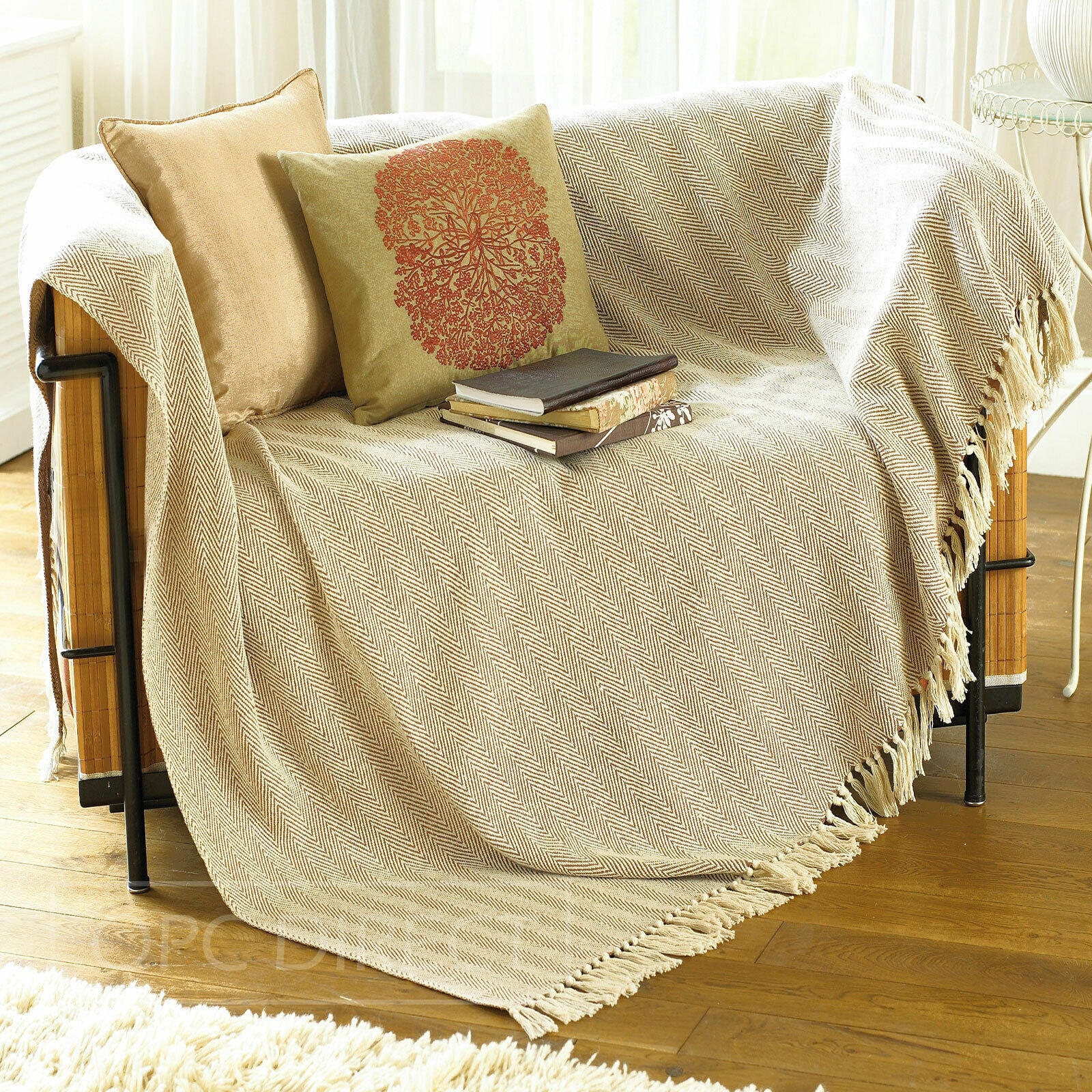 100% Natural Cotton Fringed Throw Chair or Sofa, Cream & Natural