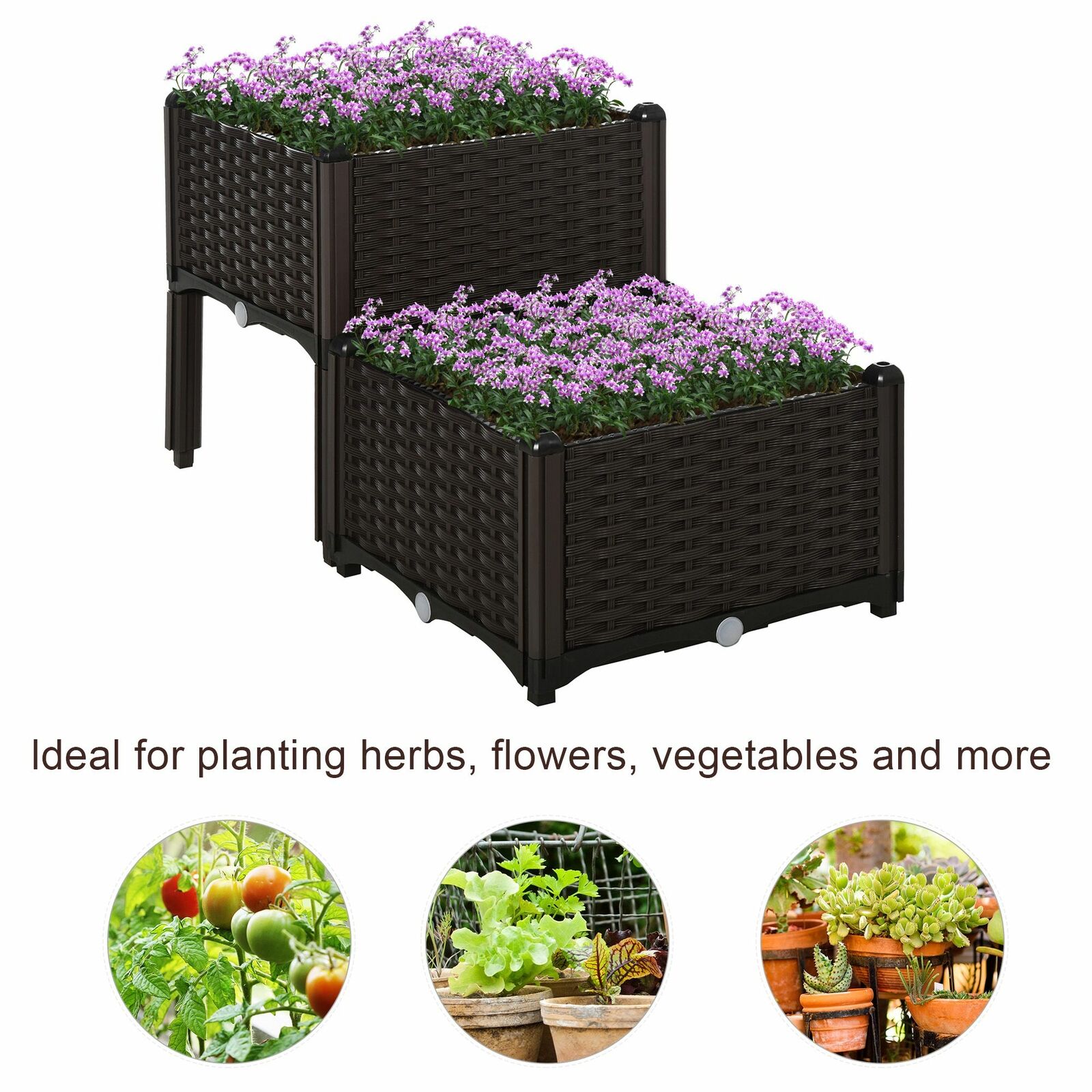 2PC Raised Flower Bed Vegetable Herb Lightweight -40L x 40W x 26-44H cm