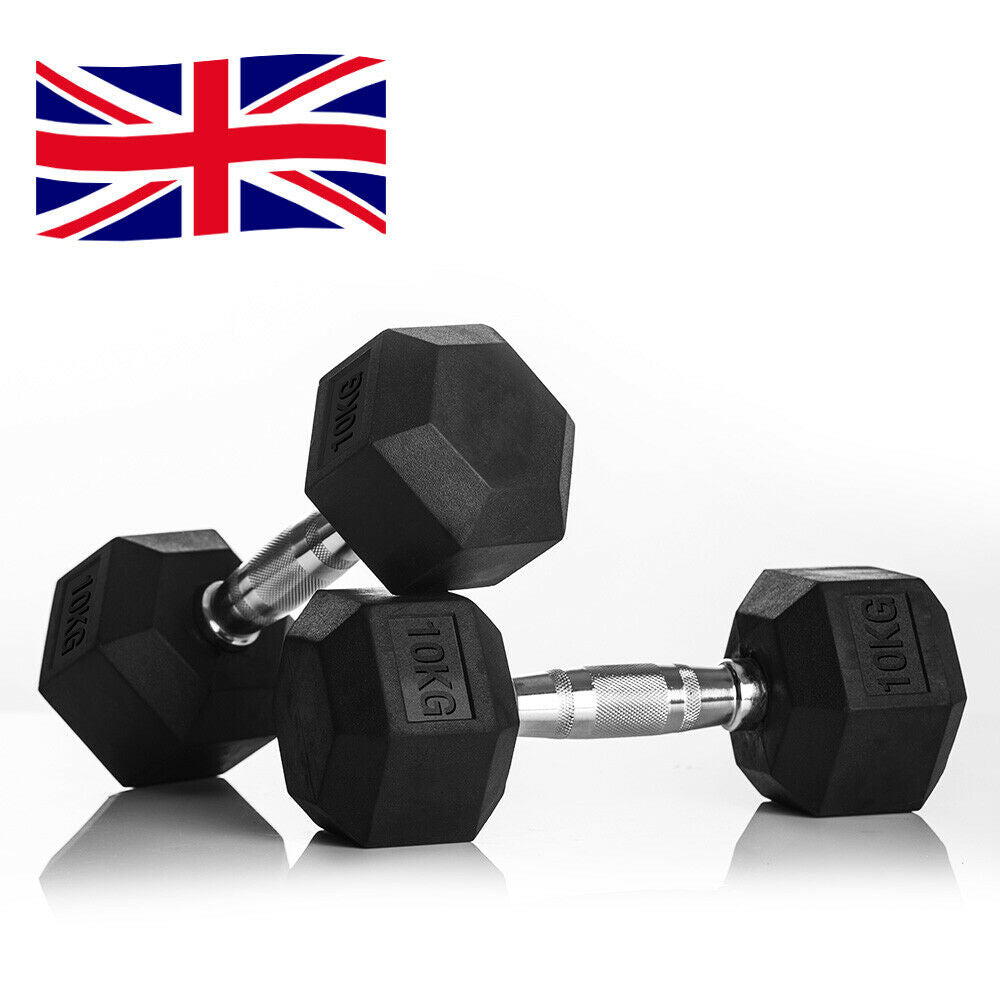 2x10kg Dumbells Cast Iron Rubber Encased Hexagonal Dumbbells Home Gym Weight Set