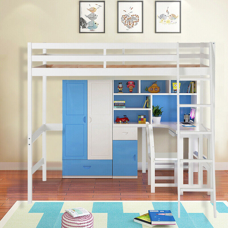 3FT High Sleeper Loft Cabin Bed For Child Kid Wooden Bunk Bed Frame Ladder White
