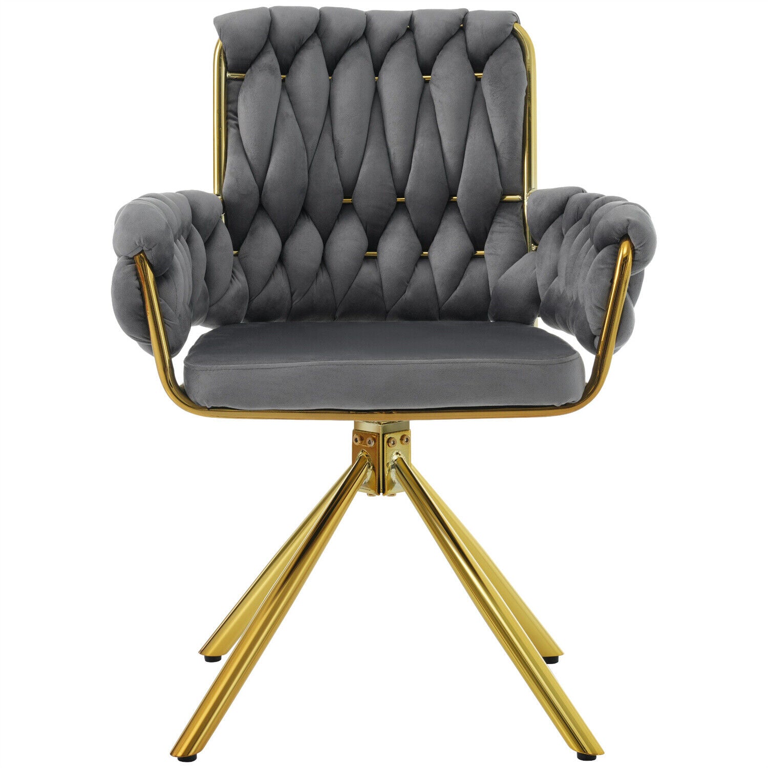 2 Pcs Rotatable Dining Chairs Velvet Padded Metal Legs Kitchen Swivel Chair Grey